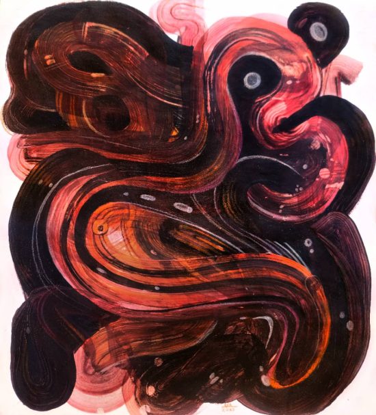 Burnt Pith, acrylic, gouache and oil pastel on paper, 16 inches (40cm) by 18 inches (45.7cm)